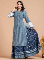 Cotton Blue Traditional Wear Printed Readymade Kurti With Plazzo